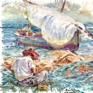 דייג מתקן את הרשת,ציור שמן, לבית, לסלון, למשרד, בהתאמה אישית