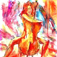 נגנית צ'לו עושה שמחה בבית, בצבעי שמן, בהתאמה אישית, לסלון, לבית, למשרד,