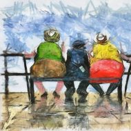 שתי נשים וגבר על ספסל,הומור,לבית,לסלון,למשרד, בצבעי שמן, בכל גודל,